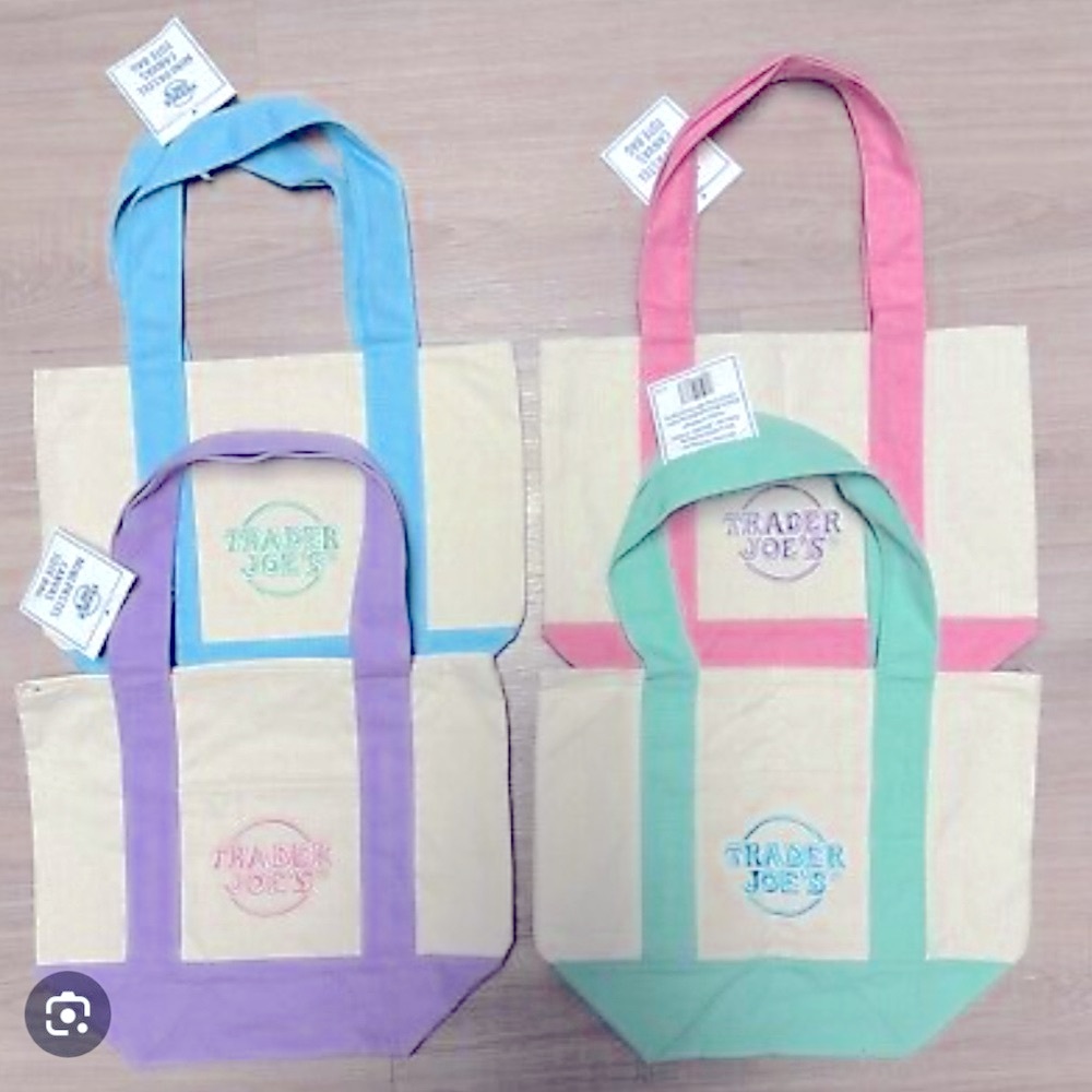 ALL 4 of Trader Joe’s Pastel Spring Tote Bags:  Blue, Pink, Purple, Green